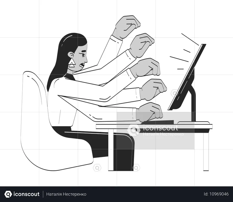 Mujer árabe estresada trabajando en la computadora  Ilustración