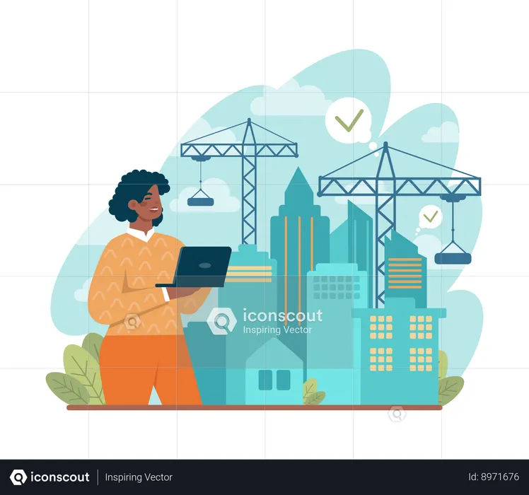 Mujer arquitecta trabajando en proyecto arquitectónico  Ilustración