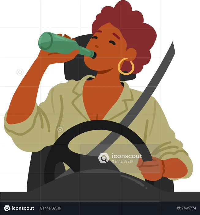 Mujer arriesga su vida al beber alcohol mientras conduce  Ilustración