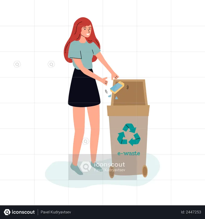 Mujer arrojando un teléfono roto a un contenedor de reciclaje de desechos electrónicos  Ilustración