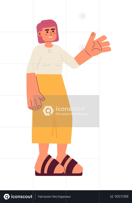 Mujer asiática alegre agitando la mano  Ilustración