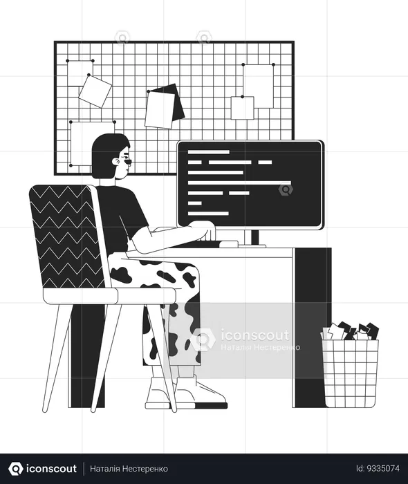 Mujer asiática trabajando en la computadora  Ilustración