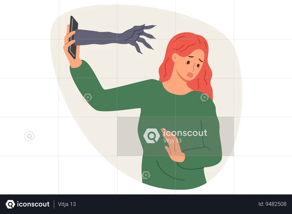 Mujer asustada por los horrores que se propagan a través del teléfono alejándose de la mano que sale del dispositivo  Ilustración