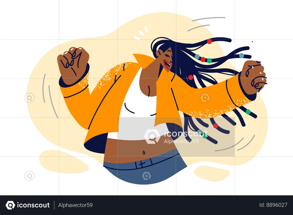 Mujer bailando con apariencia afroamericana y rastas largas disfrutando de discoteca o fiesta de viernes  Ilustración