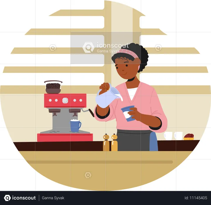 Barista femenina preparando café con máquina de espresso en cafetería  Ilustración