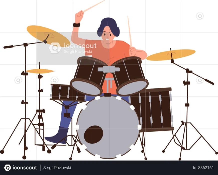 Mujer baterista tocando el tambor  Ilustración