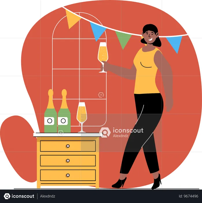 Mujer bebe copa de vino  Ilustración
