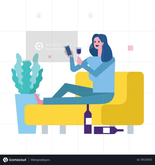 Una mujer bebe vino y usa el teléfono en el sofá  Ilustración