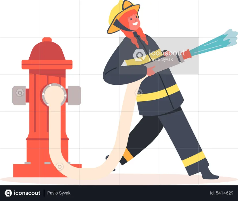 Mujer bombero rociando agua  Ilustración