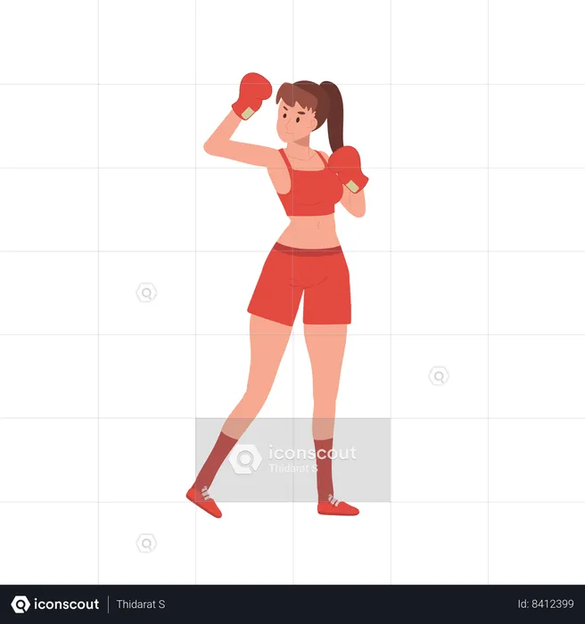 Mujer boxeadora en sesión de entrenamiento de gimnasio  Ilustración