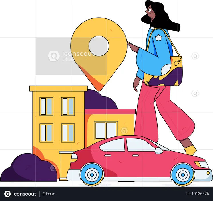 Mujer buscando ubicación para reservar un taxi en línea  Ilustración