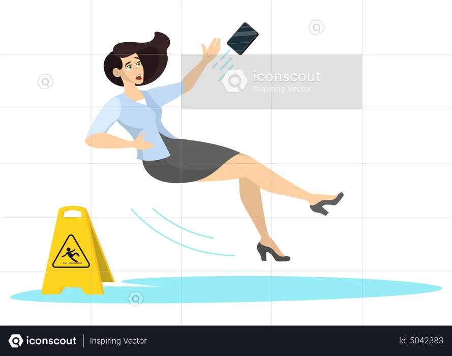 Mujer cae por piso mojado  Ilustración