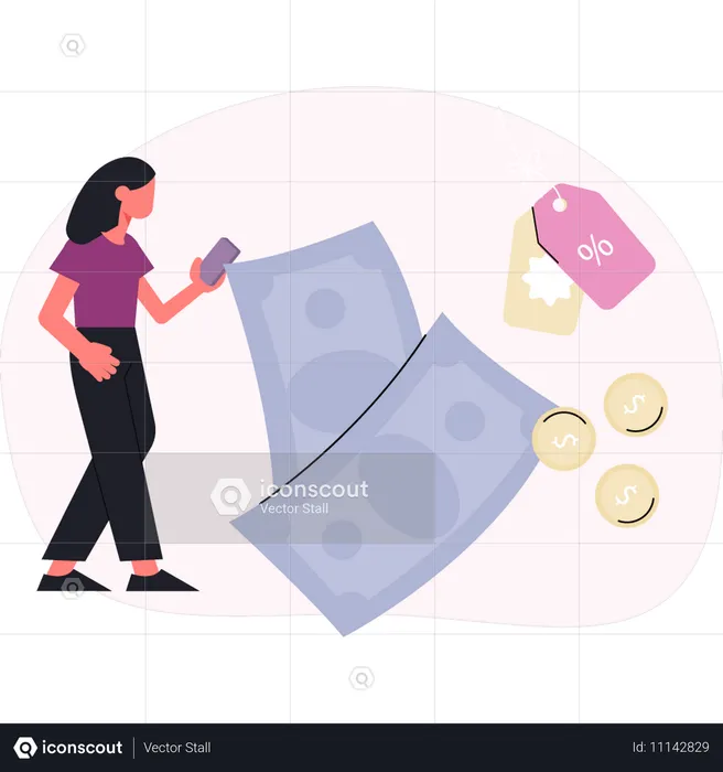 Mujer calcula descuento absorbiendo beneficio  Ilustración