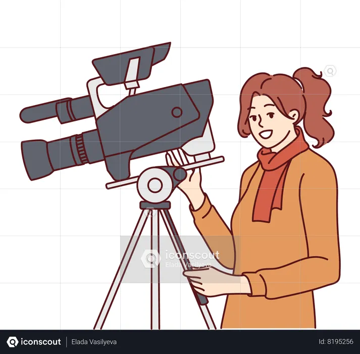 Una videógrafa se encuentra cerca de una cámara de vídeo profesional fijada en un trípode y graba una película  Ilustración