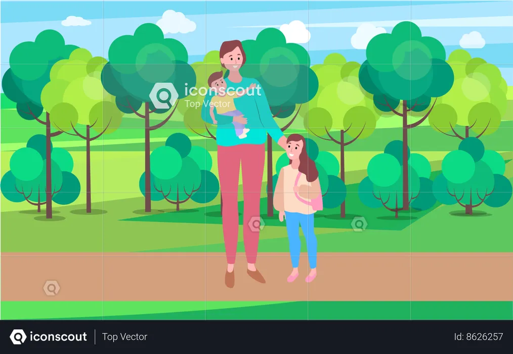 Mujer caminando con su hija llevando un bebé en el parque  Ilustración