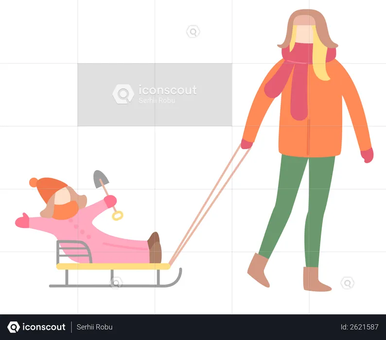 Mujer caminando con niña en trineo  Ilustración