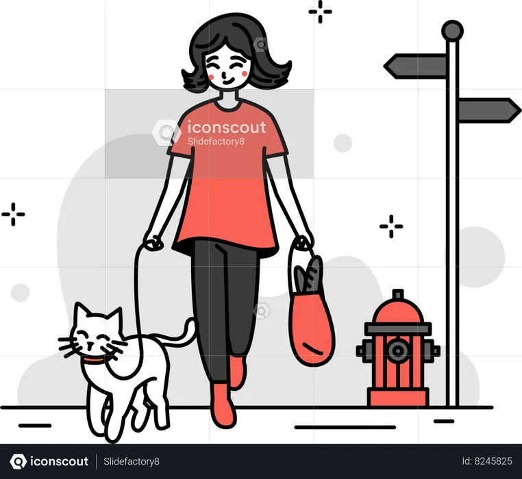 Mujer caminando con su gato  Ilustración