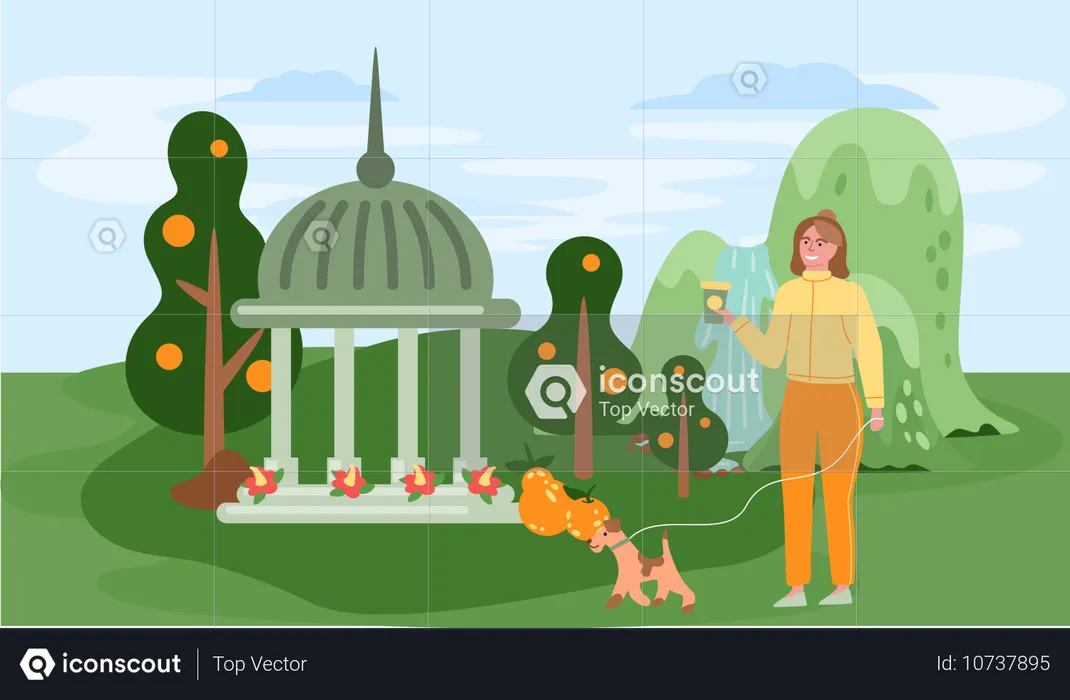 Mujer caminando en el parque con perro  Ilustración