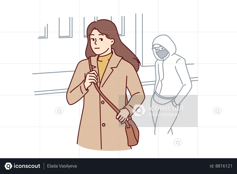 Una mujer que camina por la ciudad de noche se da cuenta de un acosador  Ilustración