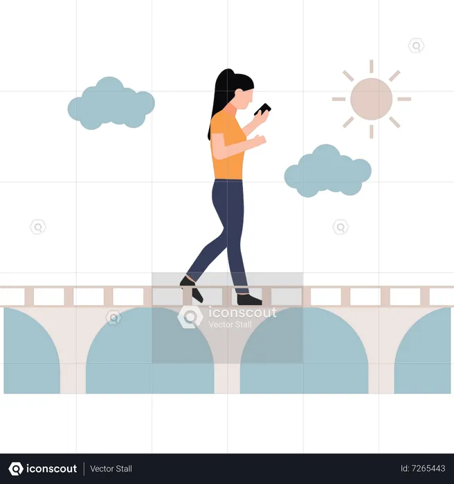 Mujer caminando sobre el puente usando el teléfono  Ilustración