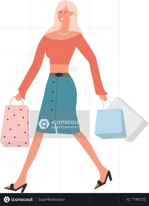 Mujer caminando y sosteniendo bolsas de compras  Ilustración