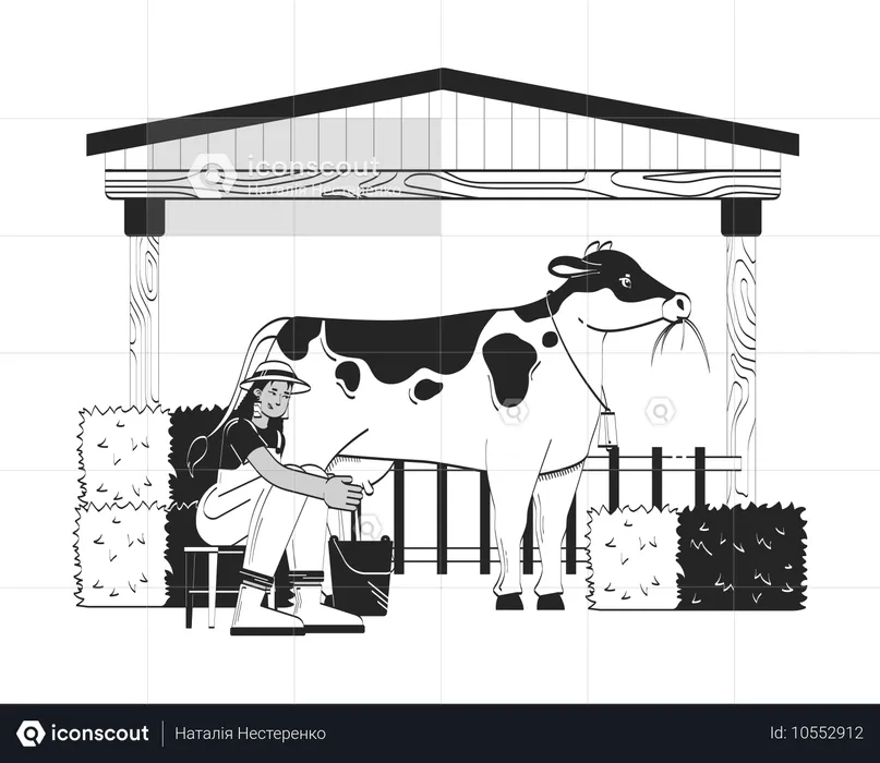 Mujer campesina ordeñando una vaca  Ilustración