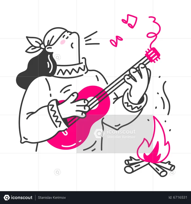 Mujer cantando en una fogata de vacaciones  Ilustración