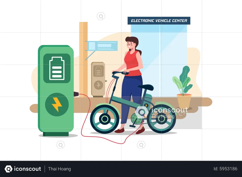 Mujer carga la bicicleta eléctrica en el centro de vehículos electrónicos  Ilustración