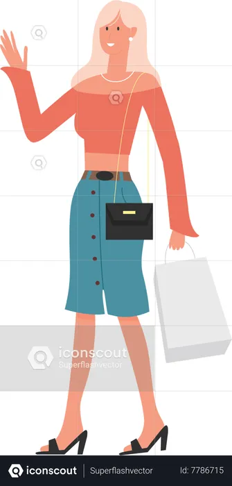 Mujer llevando bolsa y agitando la mano  Ilustración