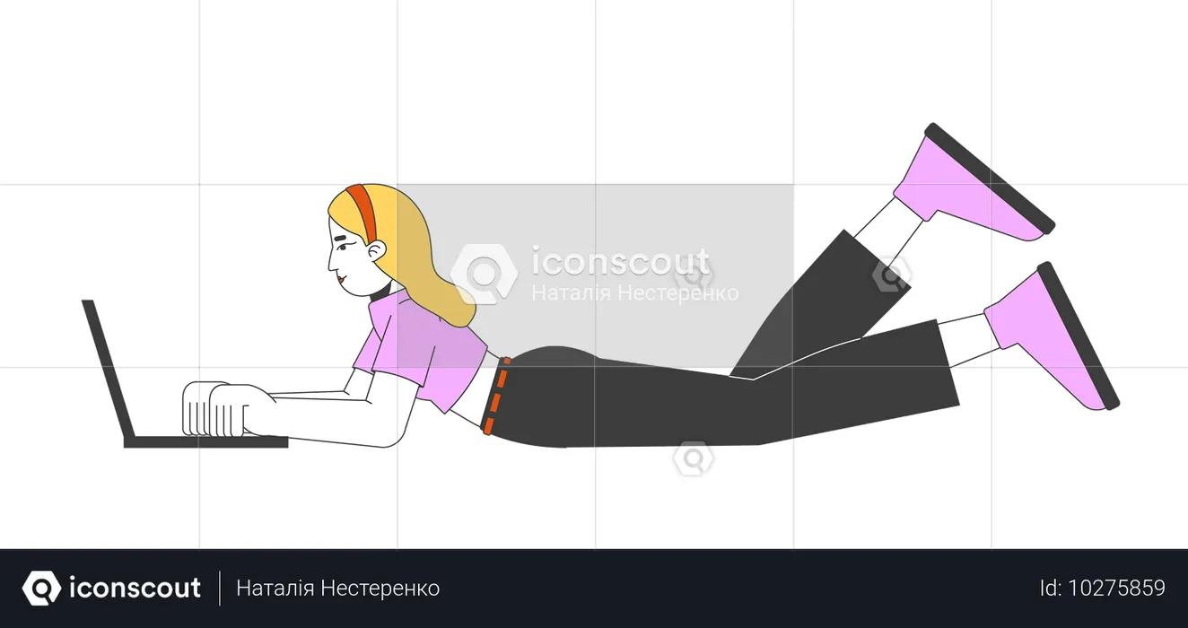 Mujer caucásica relajada escribiendo en una computadora portátil  Ilustración