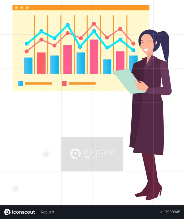Mujer cerca del tablero de presentación con datos  Ilustración