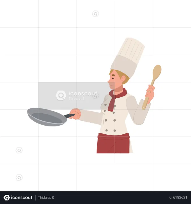 Chef femenina cocinando comida  Ilustración