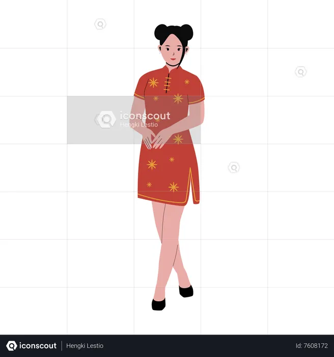 Mujer china en vestido tradicional qipao rojo  Ilustración