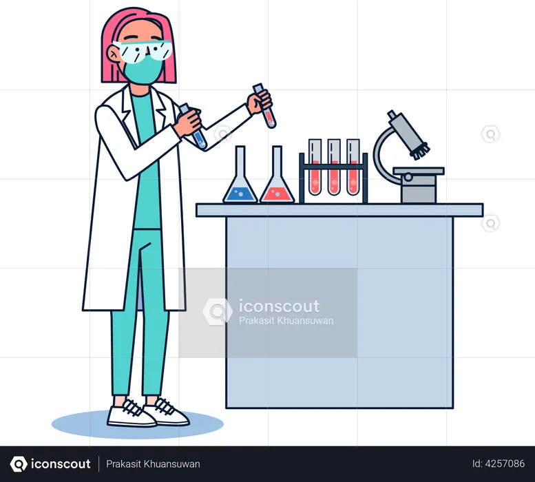 Experimento científico femenino en laboratorio  Ilustración