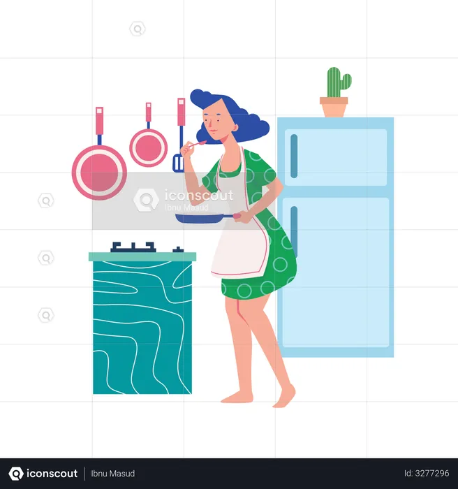 Mujer cocinando en la cocina  Ilustración