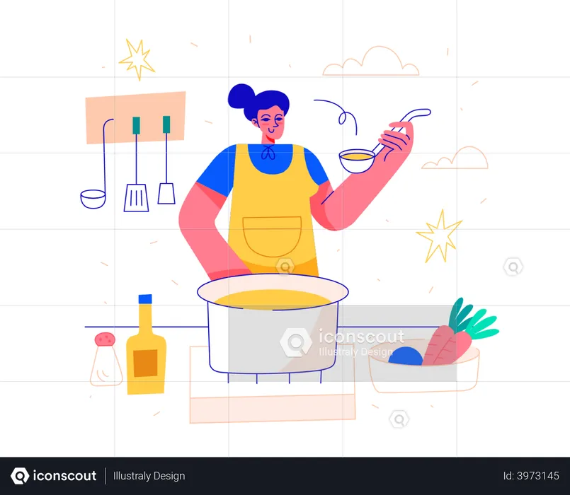 Mujer cocinando en la cocina  Ilustración
