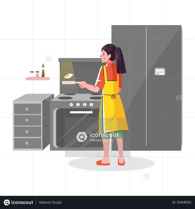 Mujer cocinando en la cocina  Ilustración