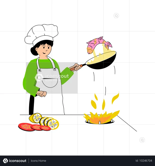 Mujer cocinando pescado frito  Ilustración