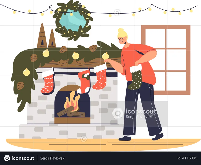 Mujer colgando calcetines navideños en la chimenea para preparar la Navidad  Illustration