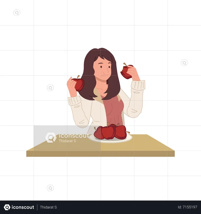 Mujer comiendo fruta saludable  Ilustración