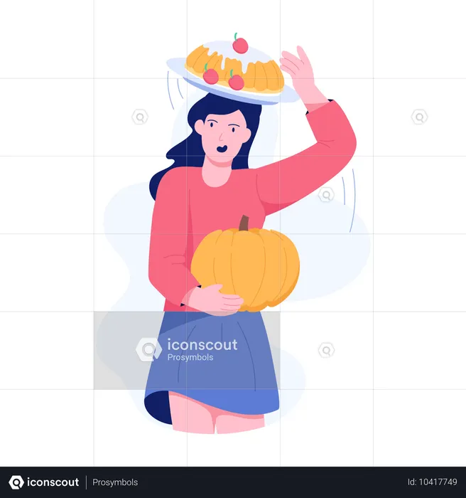 Mujer comiendo pastel de Acción de Gracias  Ilustración