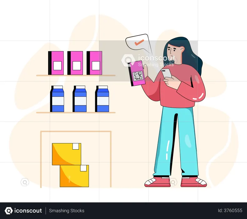 Mujer comprando productos escaneando código qr  Illustration