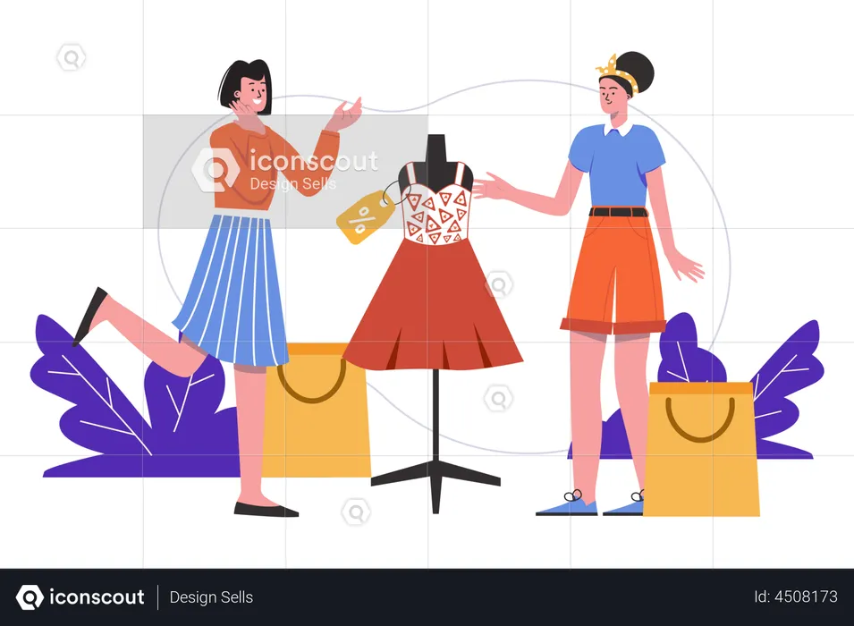 Las mujeres compran ropa en la tienda.  Ilustración