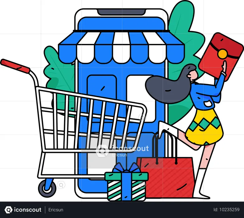 Mujer compra ropa en tienda digital  Ilustración