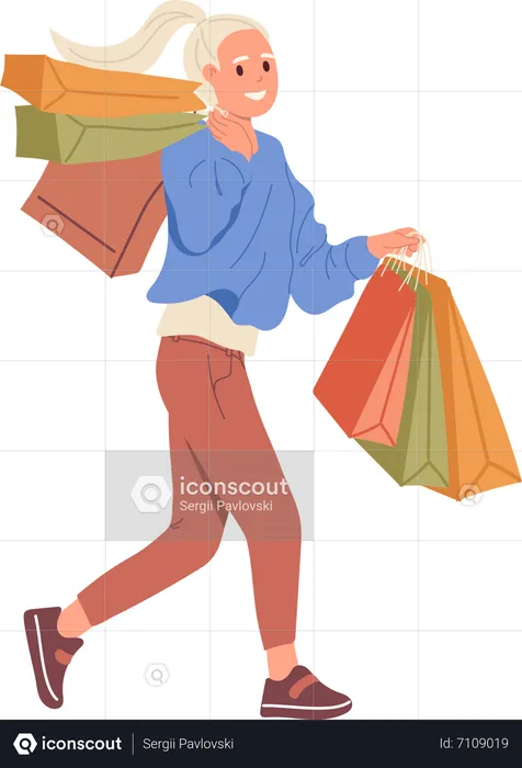 Compradora feliz y satisfecha caminando con un paquete de bolsa de compras  Ilustración