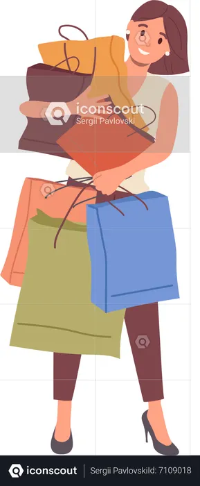 Compradora feliz sosteniendo con muchas bolsas de compras sintiendo placer por la compra  Ilustración