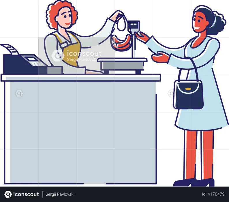 Mujer comprando carne y parada en el registro en la carnicería  Ilustración