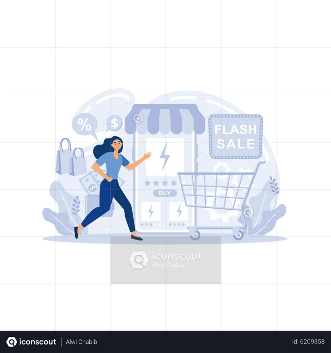 Mujer comprando en venta flash  Ilustración