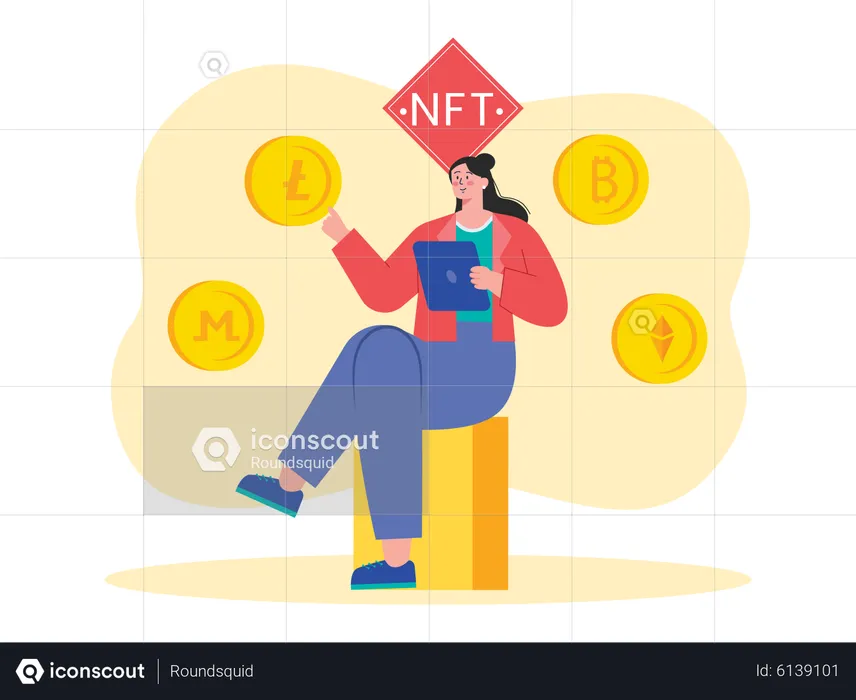 Mujer comprando NFT con diferentes criptomonedas  Ilustración