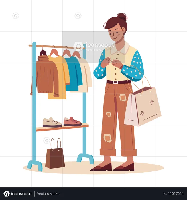 Mujer comprando ropa en la tienda  Ilustración